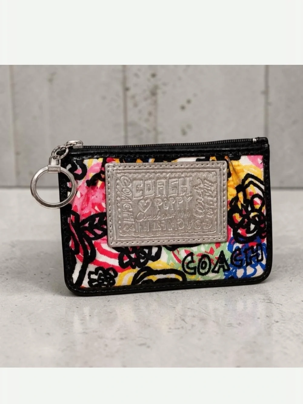 Coach Multicolor Floral Zip Card Case with key chain like new